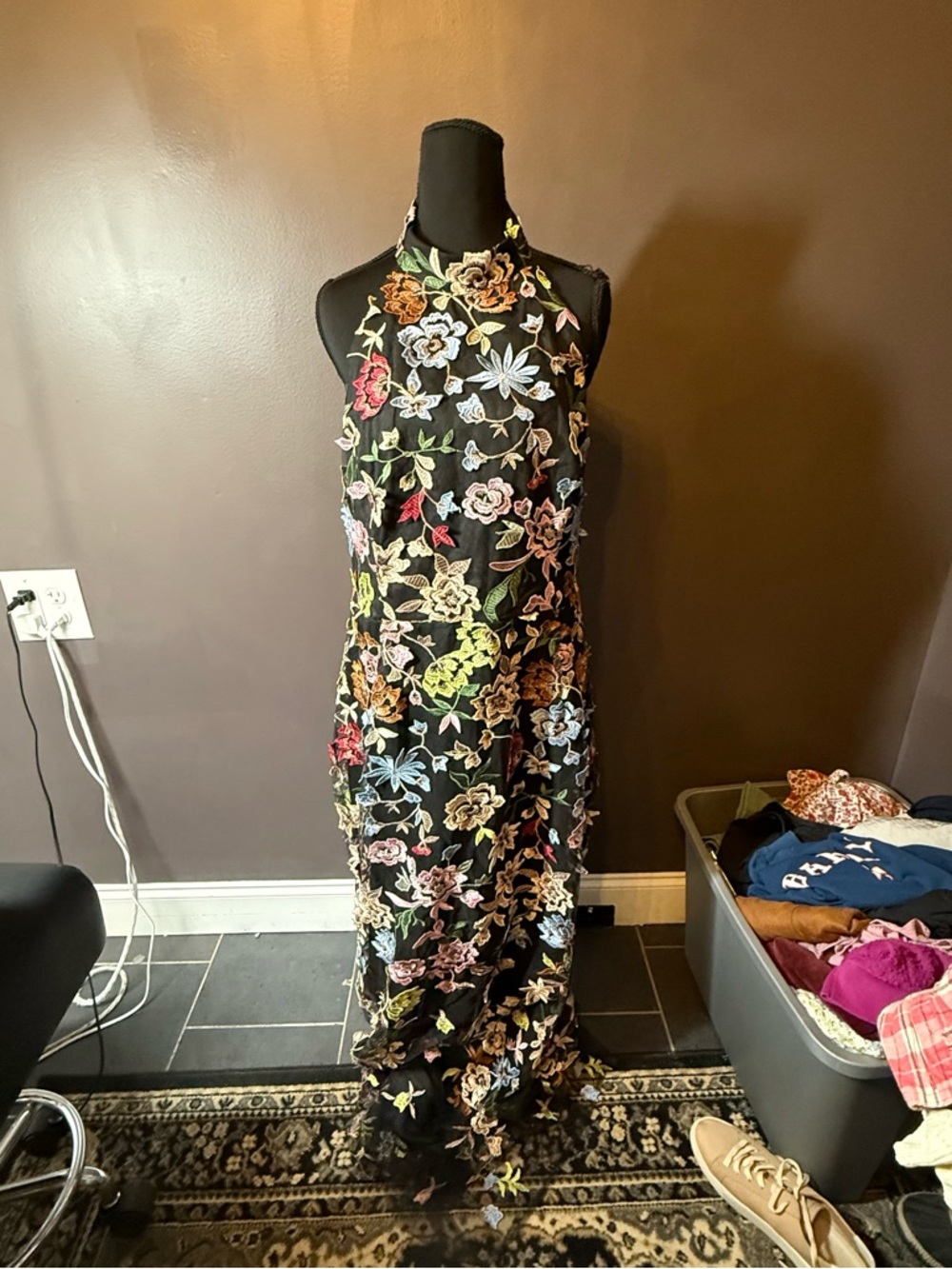 Lulu's Black Floral Halter Maxi Dress with Multicolor Embroidery